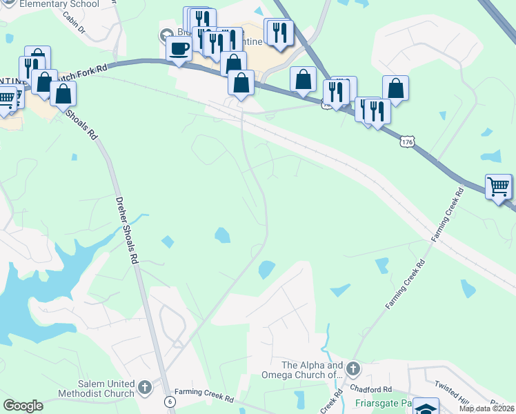 map of restaurants, bars, coffee shops, grocery stores, and more near 100 Wahoo Circle in Irmo