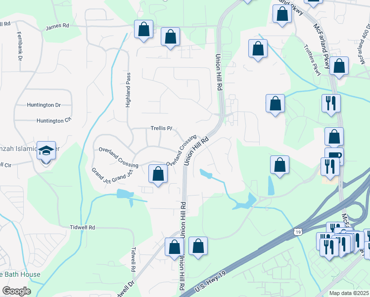 map of restaurants, bars, coffee shops, grocery stores, and more near 1315 Overland Crossing in Alpharetta