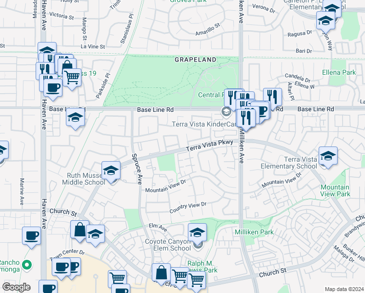 map of restaurants, bars, coffee shops, grocery stores, and more near 7453 Langham Place in Rancho Cucamonga
