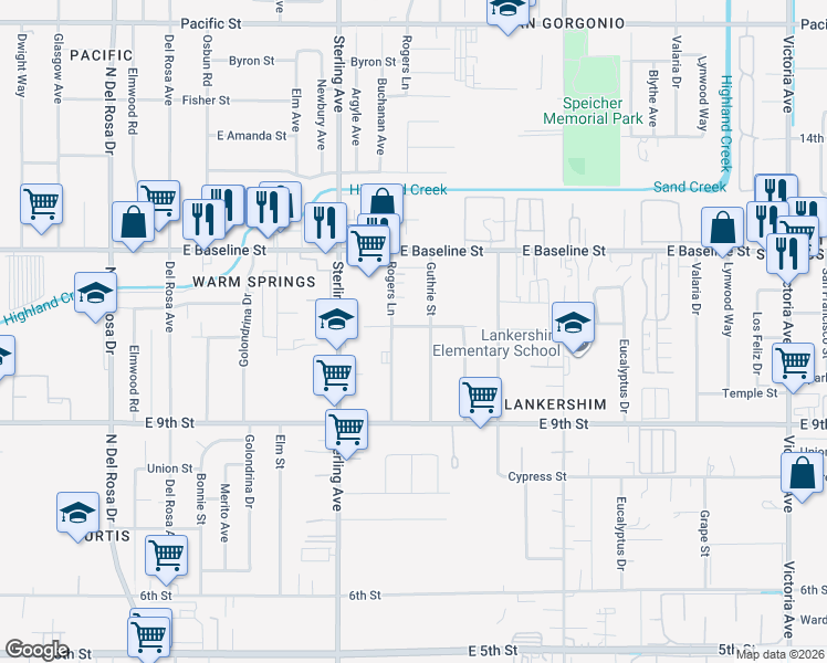 map of restaurants, bars, coffee shops, grocery stores, and more near 7444 Guthrie Street in San Bernardino