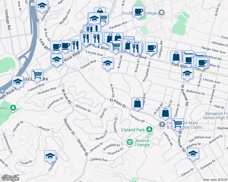 map of restaurants, bars, coffee shops, grocery stores, and more near 4529 Mont Eagle Place in Los Angeles
