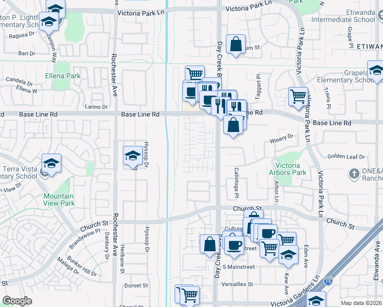 map of restaurants, bars, coffee shops, grocery stores, and more near 7463 Solstice Place in Rancho Cucamonga