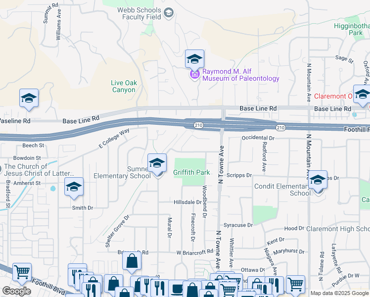 map of restaurants, bars, coffee shops, grocery stores, and more near 607 Ridgefield Drive in Claremont