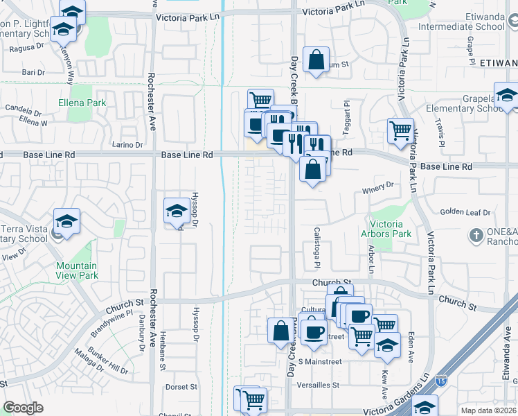 map of restaurants, bars, coffee shops, grocery stores, and more near 7463 Solstice Place in Rancho Cucamonga