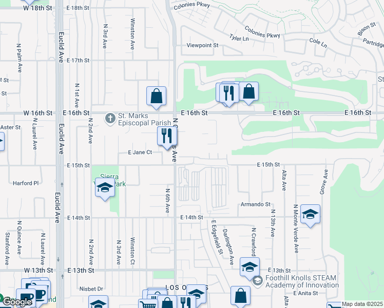 map of restaurants, bars, coffee shops, grocery stores, and more near 809 Sawtooth Drive in Upland