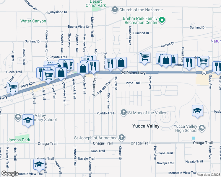 map of restaurants, bars, coffee shops, grocery stores, and more near 7385 Cibola Trail in Yucca Valley