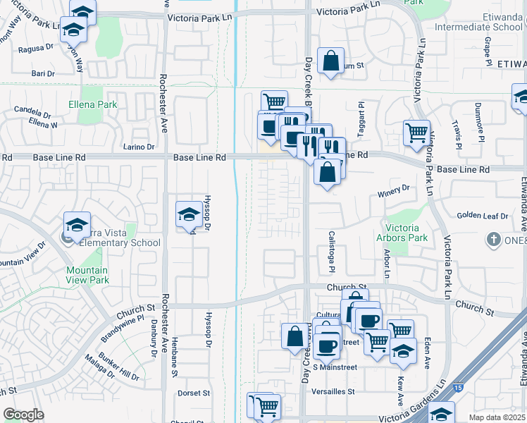 map of restaurants, bars, coffee shops, grocery stores, and more near 7462 Solstice Place in Rancho Cucamonga
