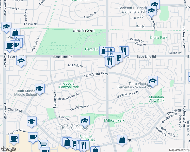 map of restaurants, bars, coffee shops, grocery stores, and more near 11171 Woodview Drive in Rancho Cucamonga