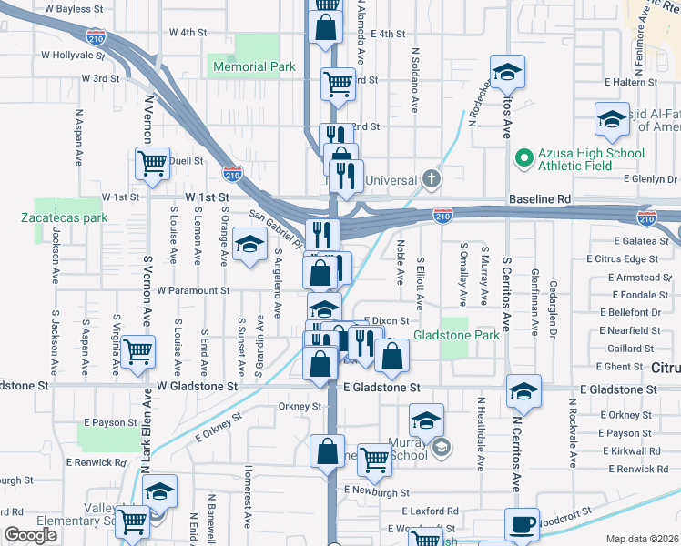 map of restaurants, bars, coffee shops, grocery stores, and more near 220 State Route 39 in Azusa