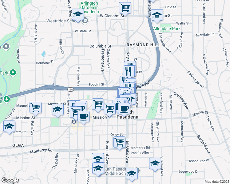 map of restaurants, bars, coffee shops, grocery stores, and more near 603 Mound Avenue in South Pasadena