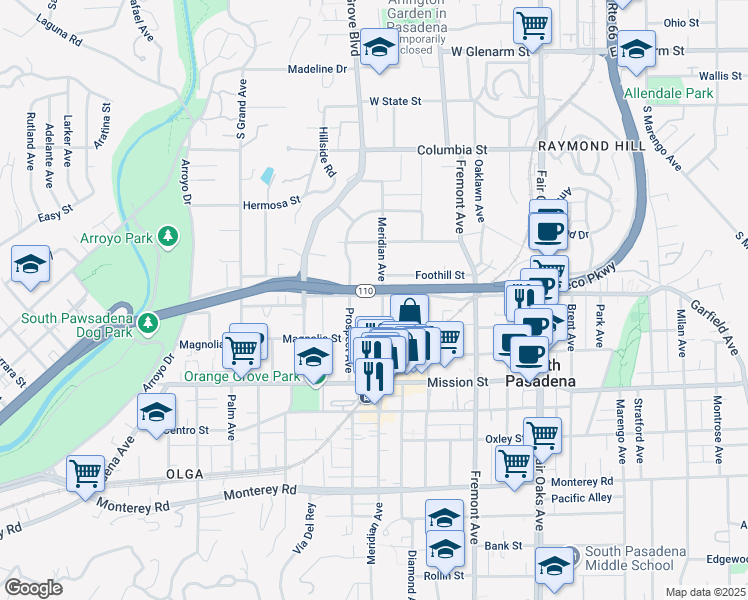 map of restaurants, bars, coffee shops, grocery stores, and more near 604 Prospect Avenue in South Pasadena