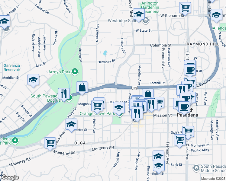 map of restaurants, bars, coffee shops, grocery stores, and more near 617 Orange Grove Avenue in South Pasadena