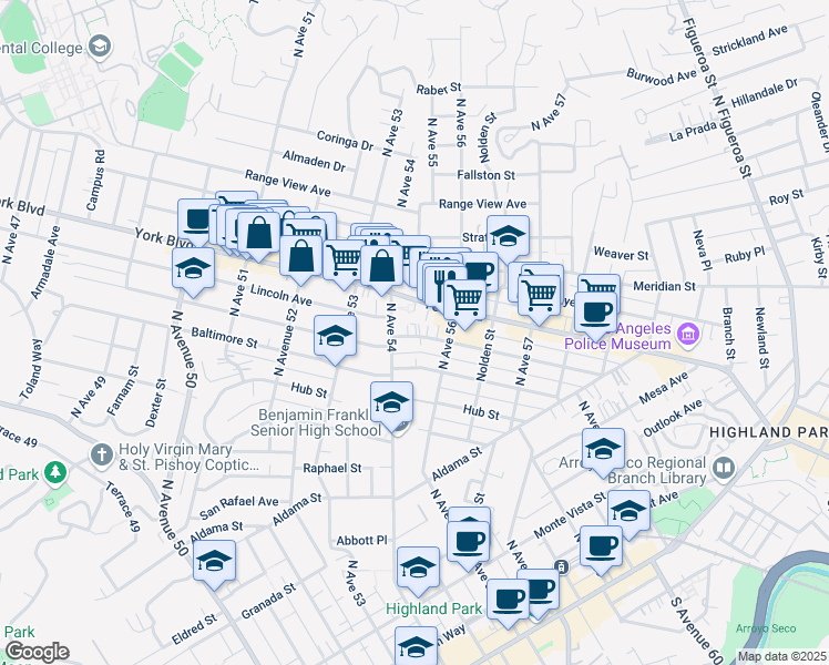 map of restaurants, bars, coffee shops, grocery stores, and more near 5425 Buchanan Street in Los Angeles