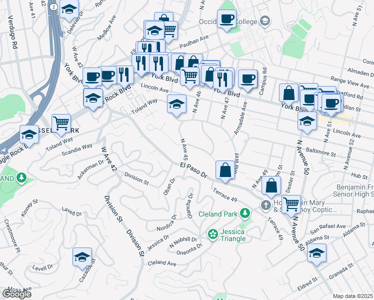 map of restaurants, bars, coffee shops, grocery stores, and more near 4529 Mont Eagle Place in Los Angeles