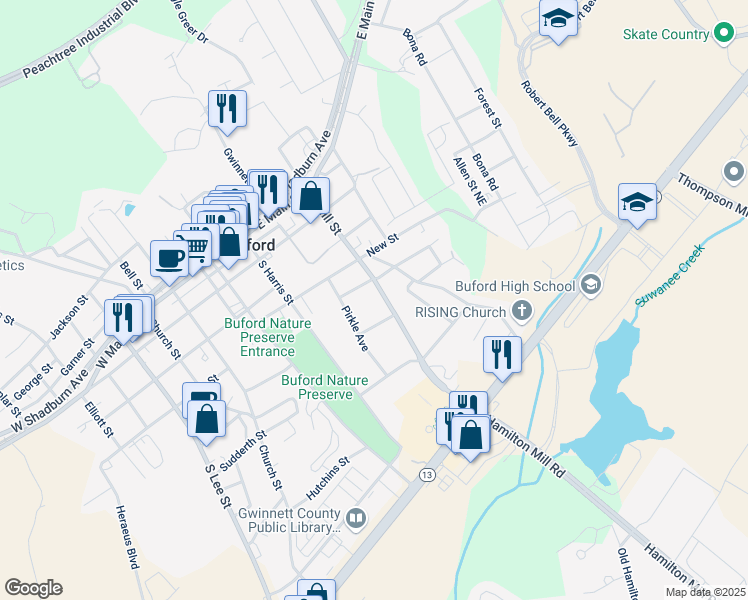 map of restaurants, bars, coffee shops, grocery stores, and more near 449 South Hill Street in Buford