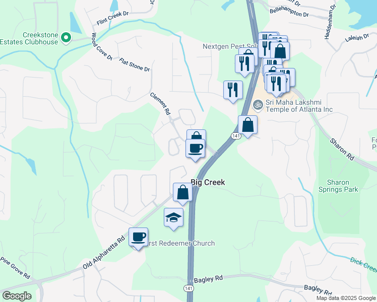 map of restaurants, bars, coffee shops, grocery stores, and more near 2540 Village Park Dr in Cumming