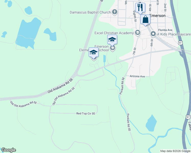 map of restaurants, bars, coffee shops, grocery stores, and more near 227 Old Alabama Road Southeast in Emerson
