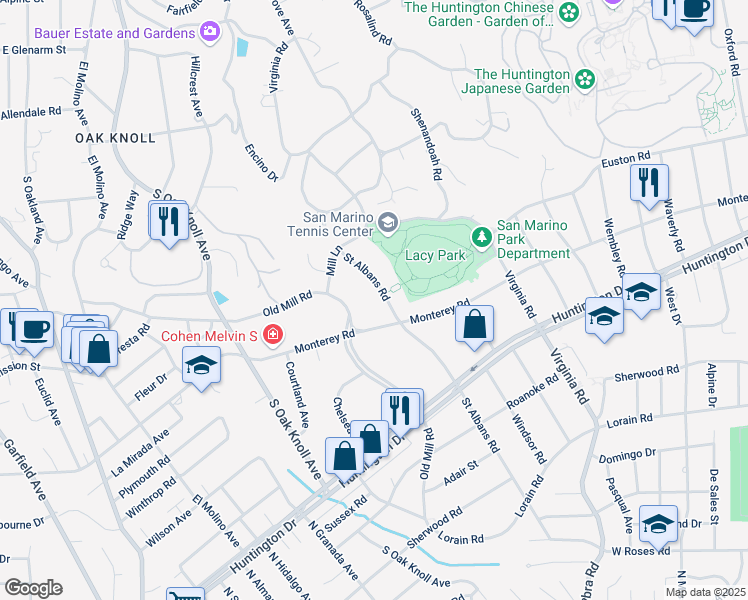 map of restaurants, bars, coffee shops, grocery stores, and more near 1255 Saint Albans Road in San Marino