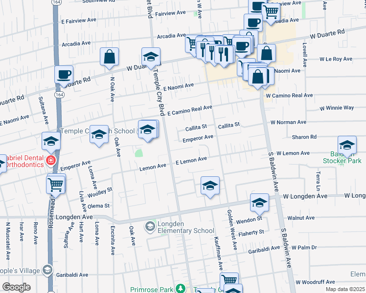 map of restaurants, bars, coffee shops, grocery stores, and more near 9637 Ancourt Street in Arcadia
