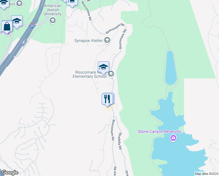 map of restaurants, bars, coffee shops, grocery stores, and more near 2391 Roscomare Road in Los Angeles