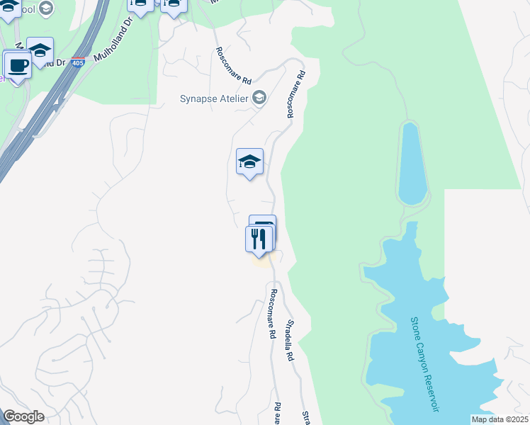 map of restaurants, bars, coffee shops, grocery stores, and more near 2391 Roscomare Road in Los Angeles
