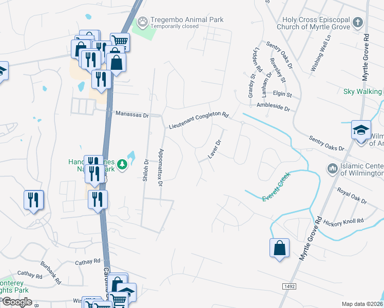 map of restaurants, bars, coffee shops, grocery stores, and more near Liberty Landing Way in Myrtle Grove