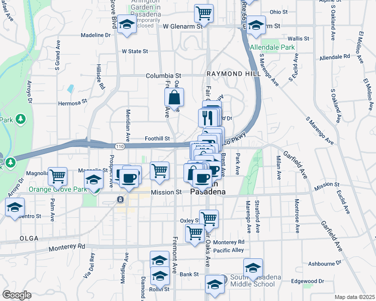 map of restaurants, bars, coffee shops, grocery stores, and more near 603 Mound Avenue in South Pasadena