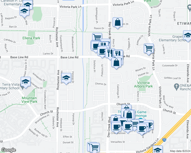 map of restaurants, bars, coffee shops, grocery stores, and more near 7459 Solstice Place in Rancho Cucamonga