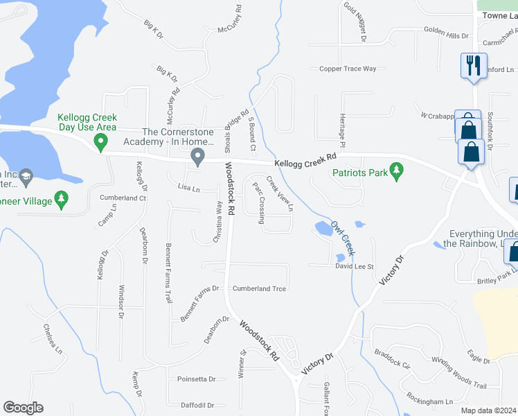 map of restaurants, bars, coffee shops, grocery stores, and more near 314 Parc Crossing in Acworth