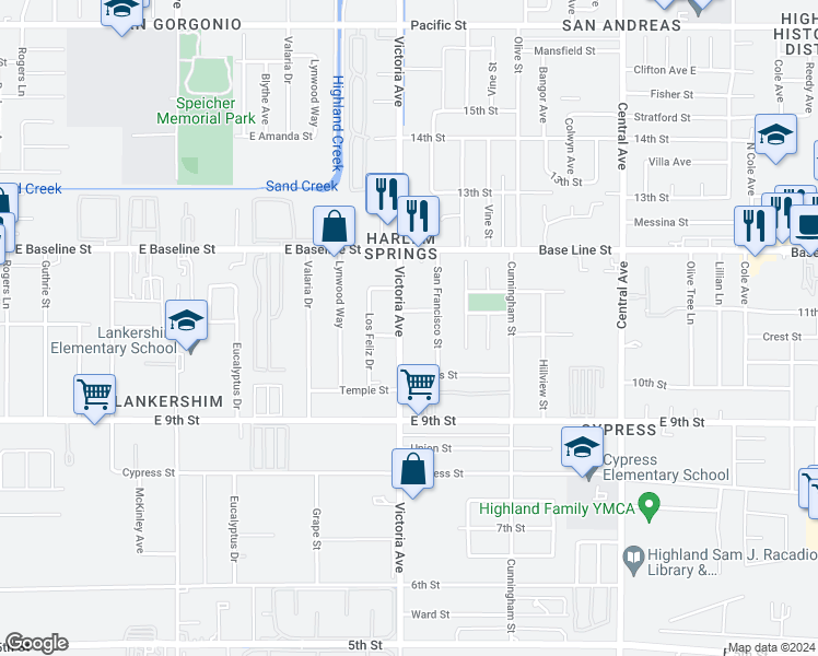 map of restaurants, bars, coffee shops, grocery stores, and more near 7441 Victoria Avenue in Highland