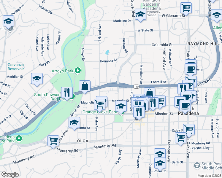 map of restaurants, bars, coffee shops, grocery stores, and more near 617 Orange Grove Avenue in South Pasadena