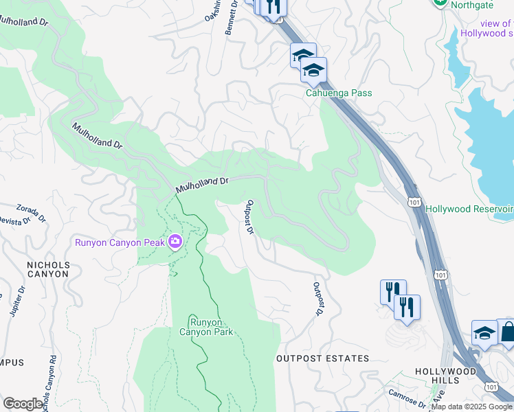 map of restaurants, bars, coffee shops, grocery stores, and more near 2764 Outpost Drive in Los Angeles