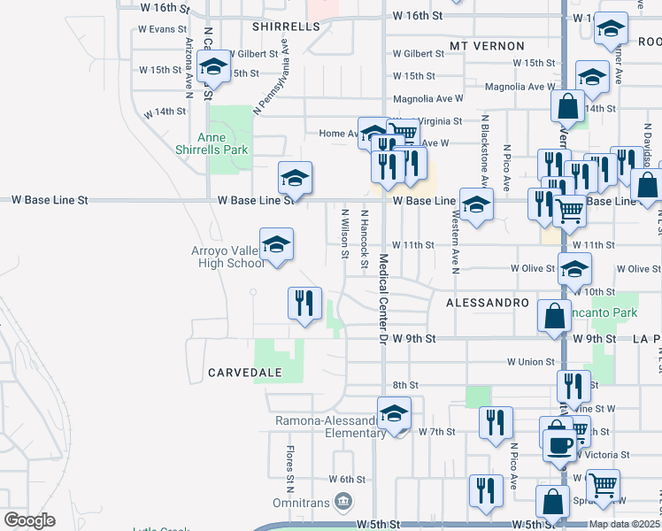 map of restaurants, bars, coffee shops, grocery stores, and more near Madison Street North in San Bernardino