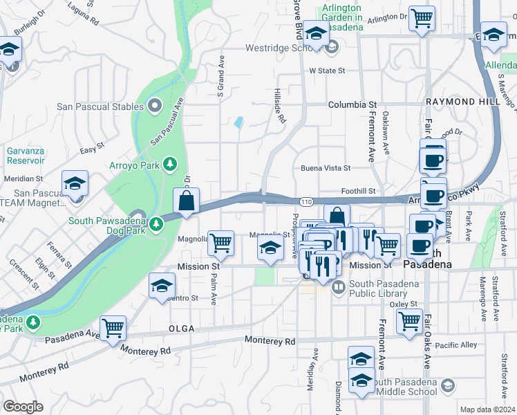 map of restaurants, bars, coffee shops, grocery stores, and more near 625 Orange Grove Avenue in South Pasadena
