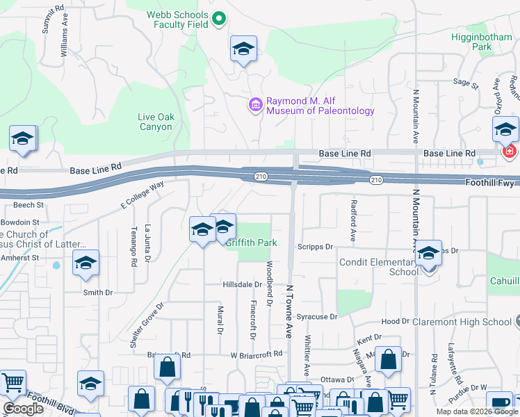 map of restaurants, bars, coffee shops, grocery stores, and more near 641 Ridgefield Drive in Claremont