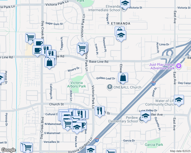 map of restaurants, bars, coffee shops, grocery stores, and more near 12710 Golden Leaf Drive in Rancho Cucamonga
