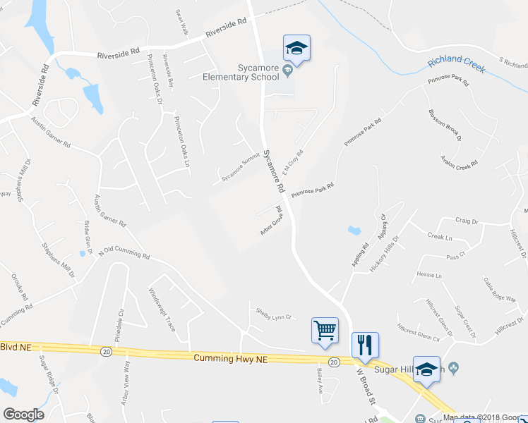 map of restaurants, bars, coffee shops, grocery stores, and more near 1079 Arbor Grove Way in Buford
