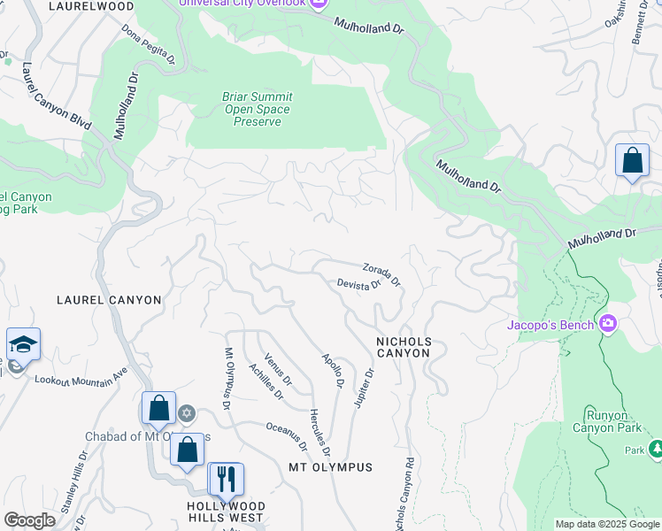 map of restaurants, bars, coffee shops, grocery stores, and more near 2673 Zorada Drive in Los Angeles