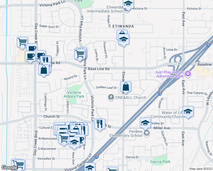map of restaurants, bars, coffee shops, grocery stores, and more near 12790 Golden Leaf Drive in Rancho Cucamonga