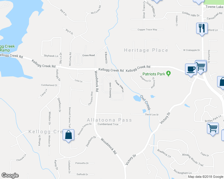 map of restaurants, bars, coffee shops, grocery stores, and more near 317 Parc Crossing in Acworth