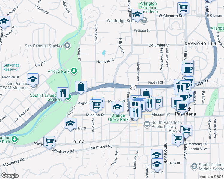 map of restaurants, bars, coffee shops, grocery stores, and more near 625 Orange Grove Avenue in South Pasadena