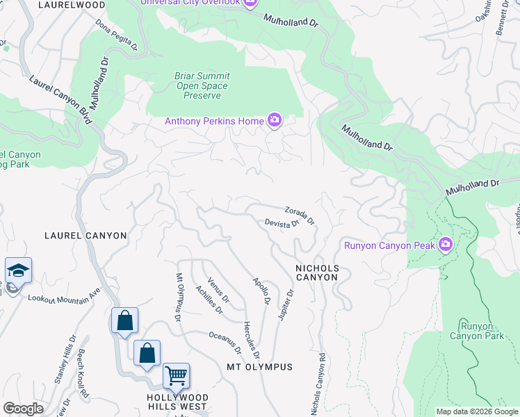 map of restaurants, bars, coffee shops, grocery stores, and more near 2678 Zorada Drive in Los Angeles