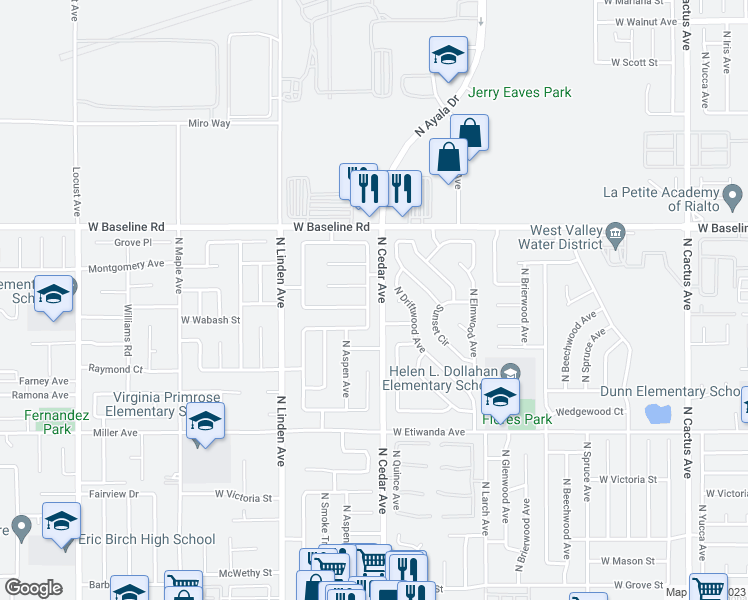 map of restaurants, bars, coffee shops, grocery stores, and more near 1053 North Wisteria Avenue in Rialto