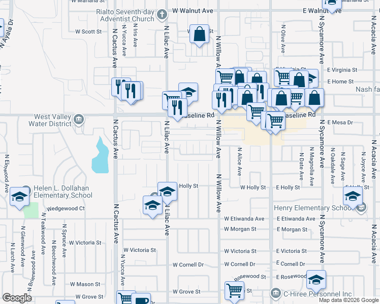map of restaurants, bars, coffee shops, grocery stores, and more near 1073 North Verde Avenue in Rialto