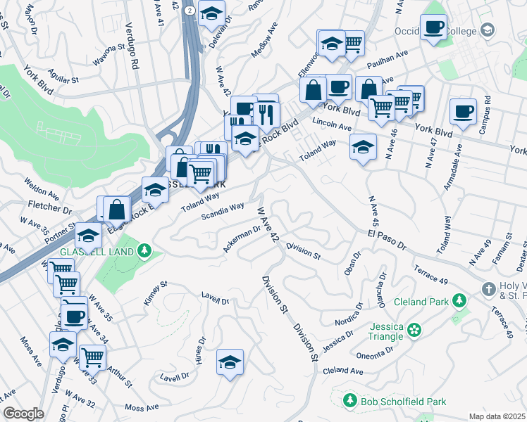 map of restaurants, bars, coffee shops, grocery stores, and more near 3650 Verdugo Vista Terrace in Los Angeles