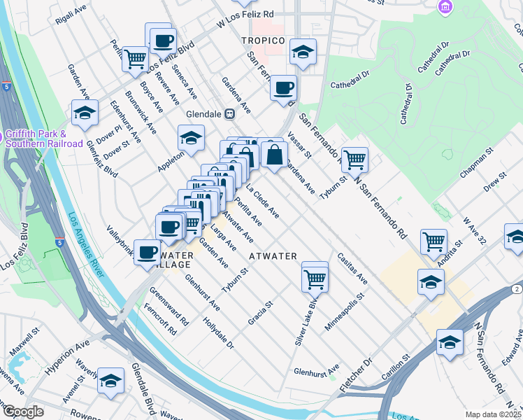 map of restaurants, bars, coffee shops, grocery stores, and more near 3458 La Clede Avenue in Los Angeles