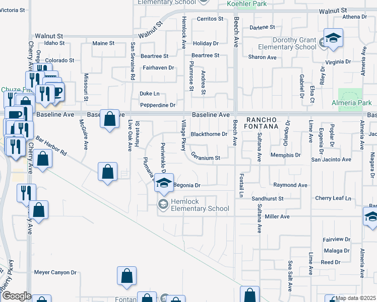 map of restaurants, bars, coffee shops, grocery stores, and more near 15119 Geranium Street in Fontana