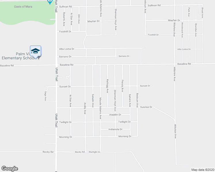 map of restaurants, bars, coffee shops, grocery stores, and more near Kellogg Avenue in Twentynine Palms