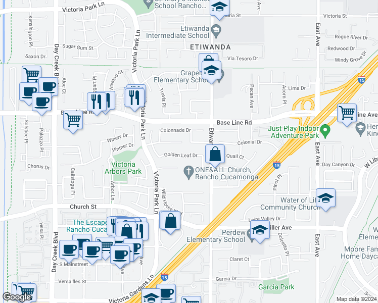 map of restaurants, bars, coffee shops, grocery stores, and more near 12820 Golden Leaf Drive in Rancho Cucamonga