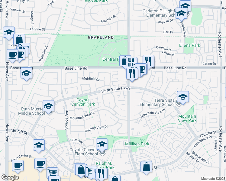map of restaurants, bars, coffee shops, grocery stores, and more near 11209 Terra Vista Parkway in Rancho Cucamonga